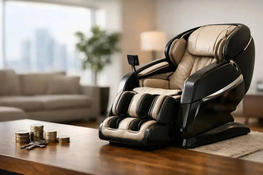Premium massage chair showcasing advanced features with a stack of coins representing the massage chair price guide