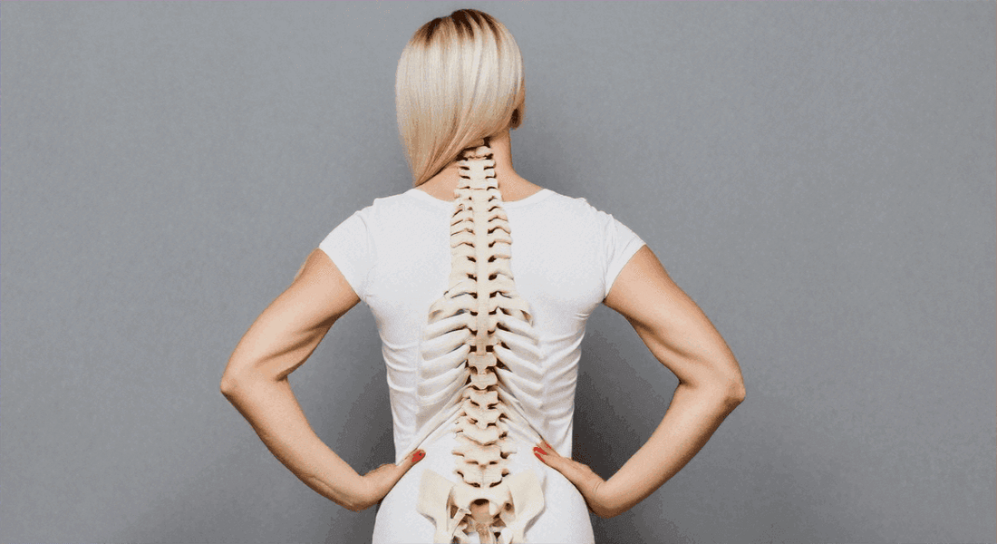 Spine alignment illustration showing a woman from behind with a visible white spine overlaid on her body, paired with Achieving Optimal Spine Alignment with the Right Massage Chair
