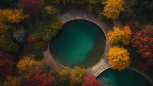 Scenic aerial view of two circular water features surrounded by vibrant autumn foliage highlighting key features of full body massage chairs