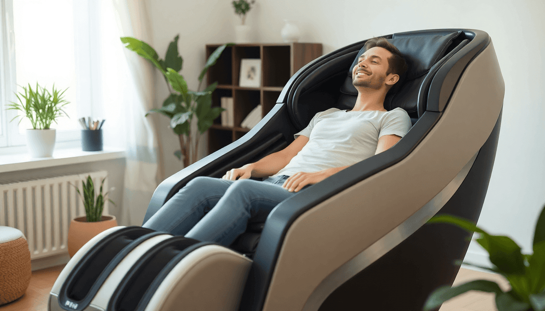 Man relaxing in a massage chair at home, exploring if financing is available for massage chairs