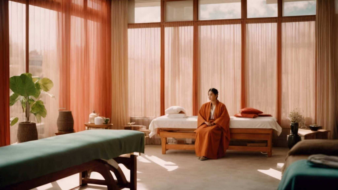 Spa treatment beds in a warm-toned wellness room with a woman seated on one bed; Benefits of using a foot massager daily - 5 Health Perks