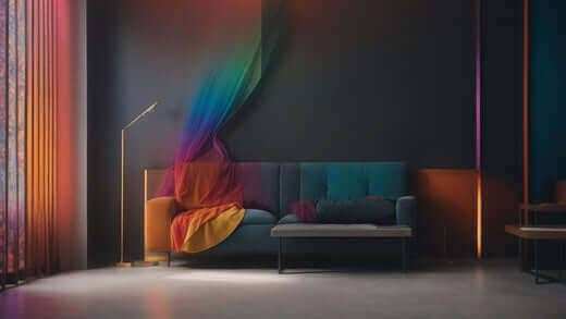 Best Lumbar Massagers to Ease Back Pain at Home: dark teal sofa beside a flowing multicolour fabric sculpture
