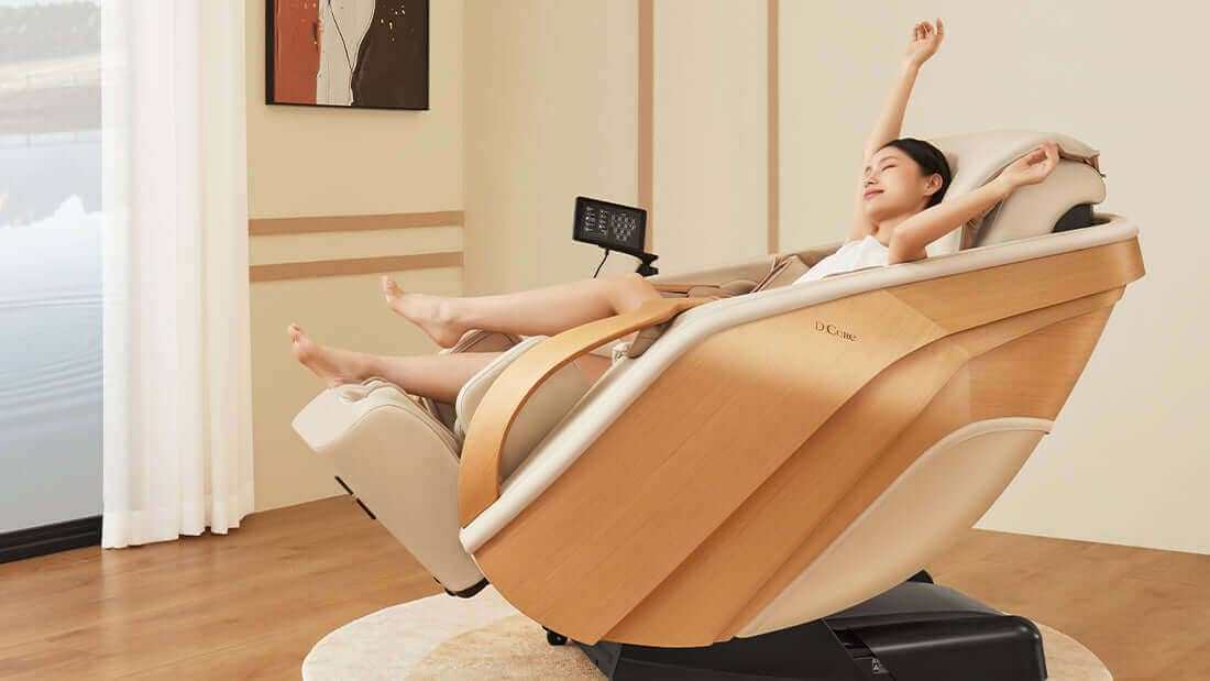 Best Made in Japan Massage Chair: Top DCore Picks, tan wood-grain massage chair with a reclining woman and footrest