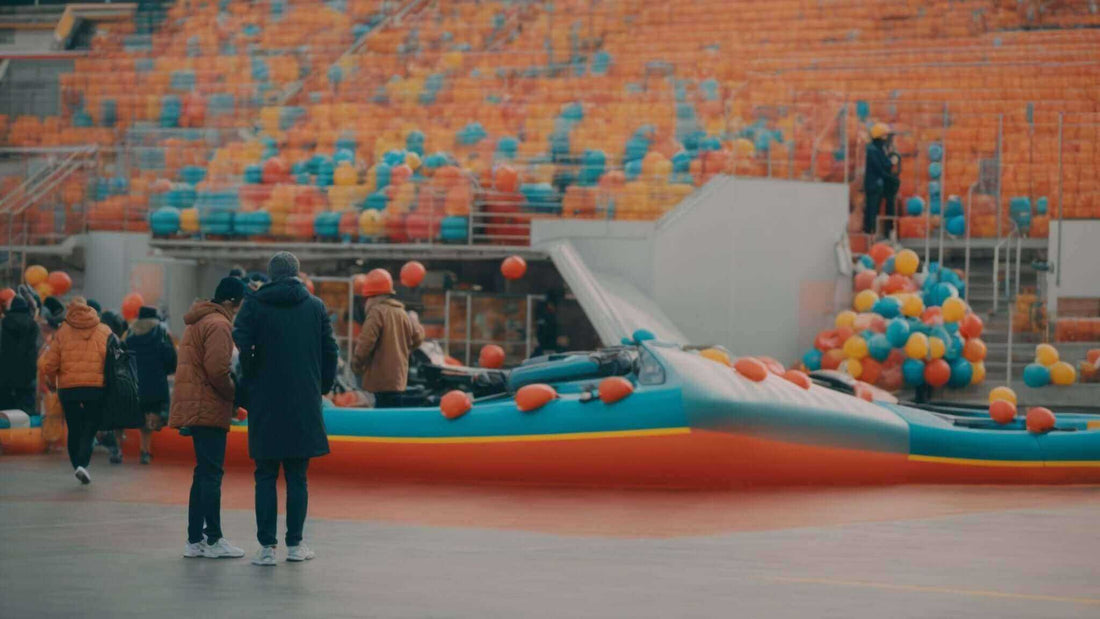 Crowd interacting with a colorful inflatable slide and ball pit beneath rows of orange and blue stadium seats
