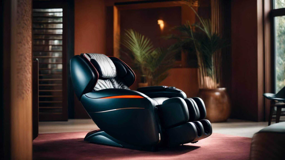 Massage chair for pacemaker, black leather with padded cushions, orange trim, footrests and a reclining design.