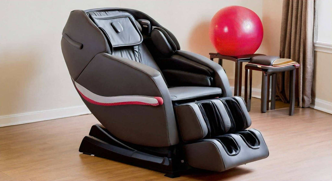 Massage chair in black and gray upholstery with a red accent stripe, padded armrests and foot massager; Can I Use a Massage Chair While Pregnant?
