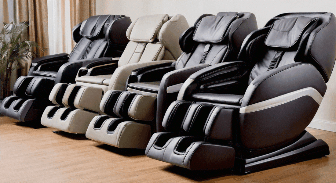 Comparing Top Massage Chairs: Synca Wellness, Fujiiryoki, Inner Balance, and DCore, a lineup of black, beige and gray leather massage chairs with padded seats and leg rests