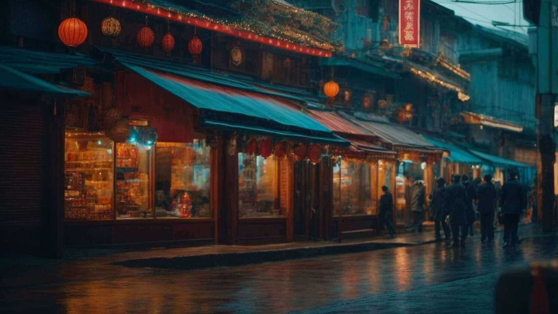 Cyber Relax Pro image shows a rainy urban street with teal awnings, glowing red lanterns, and pedestrians beside storefronts.