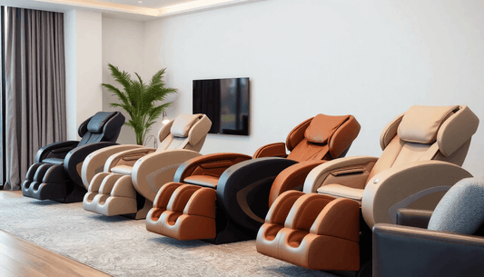 Showcase of the best massage chairs 2025 in various colors arranged in a stylish living room setting