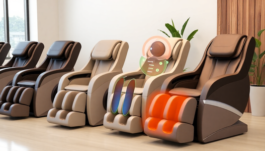 Lineup of Fujiiryoki massage chairs in a modern setting with relaxing design features