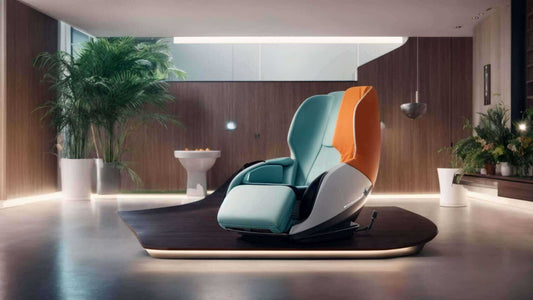 Massage chair in teal and orange upholstery with a sleek white shell and sculpted reclining design, Discover 4D Massage Chair Benefits for Ultimate Relaxation