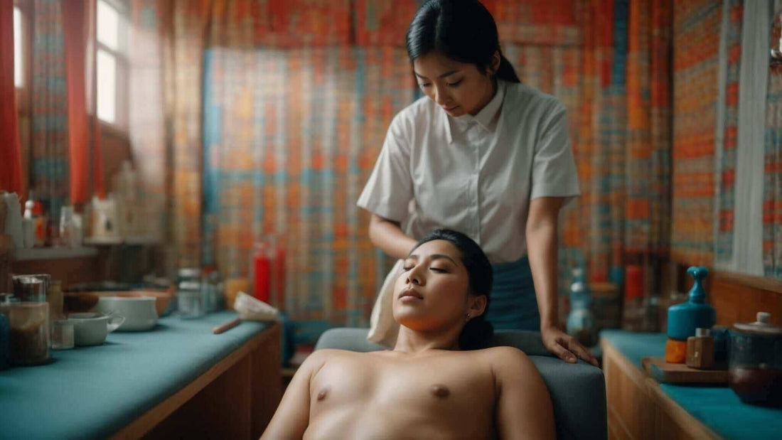 Discover the Benefits of Fujiiryoki's Advanced Acupressure Massage Chairs, with a therapist massaging a reclining client