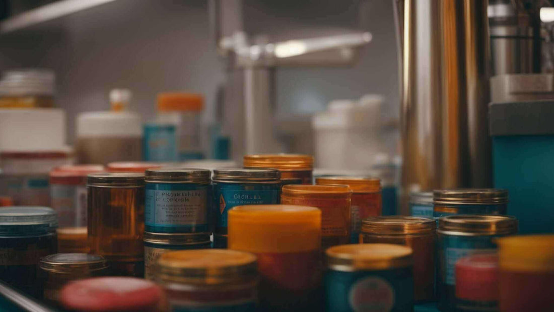 Massage balm jars in amber, teal and clear glass, with varied labels and lids on a shelf. Discover the Healing Benefits of Massage Chairs for Pain Relief
