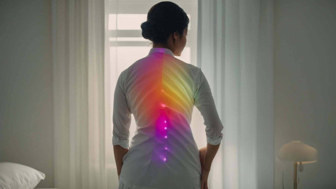 Discover the Life-Changing Benefits of Massage Chairs for Back Pain, shown by a woman with colorful glowing points along her back