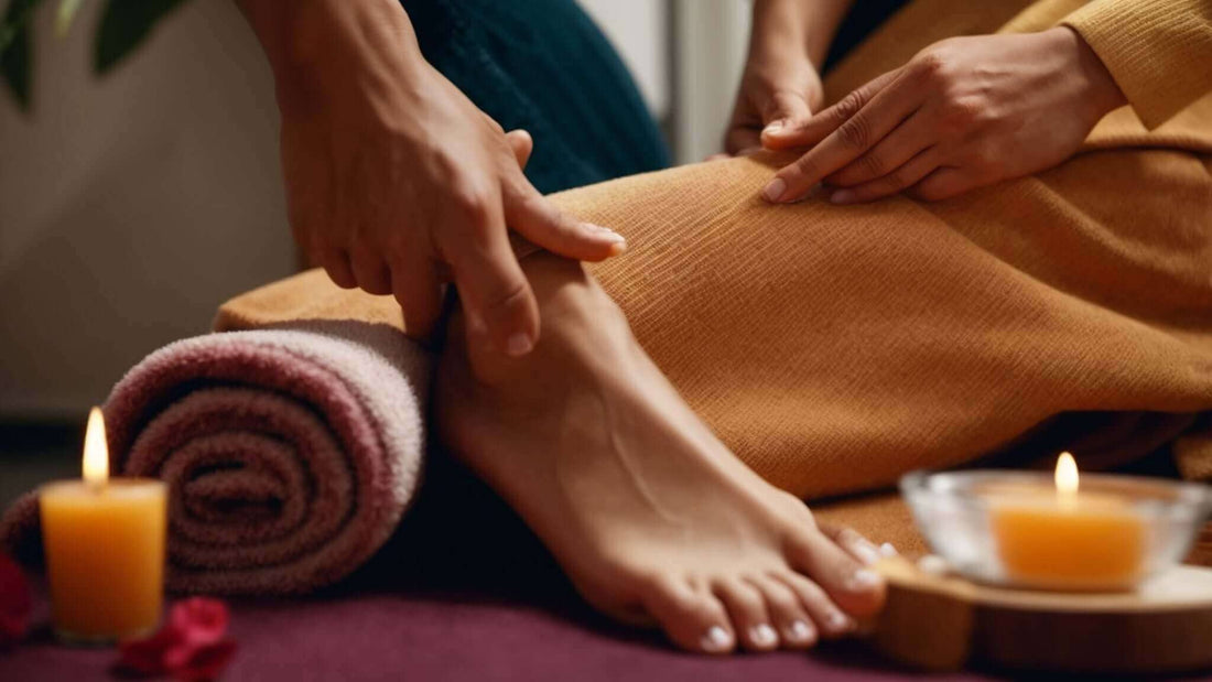 Foot massager treatment with hands pressing a bare foot beside a rolled orange towel; Do Podiatrists Recommend Foot Massagers? A Comprehensive Guide in 2025