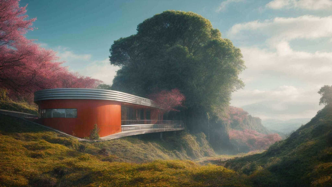 Modern red cylindrical house with curved metal roof and horizontal window band, nestled among grassy hills and trees.