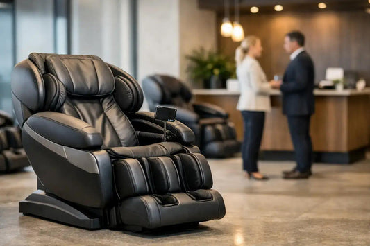 sleek commercial massage chair in modern business lounge with touchscreen controls