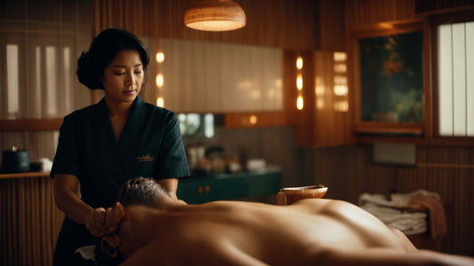 Spa therapist giving neck and shoulder massage to a client in a serene treatment room for Synca CirC Plus massage chair review