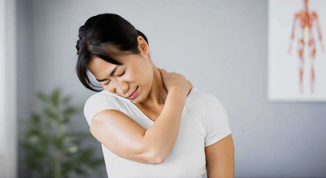 Effective Neck and Shoulder Pain Relief with Premium Massagers features a woman in a white shirt holding her neck