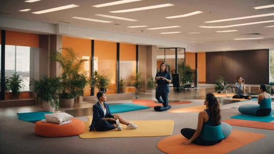Corporate wellness program in a modern office, with employees stretching on colorful mats and cushions during a group session.