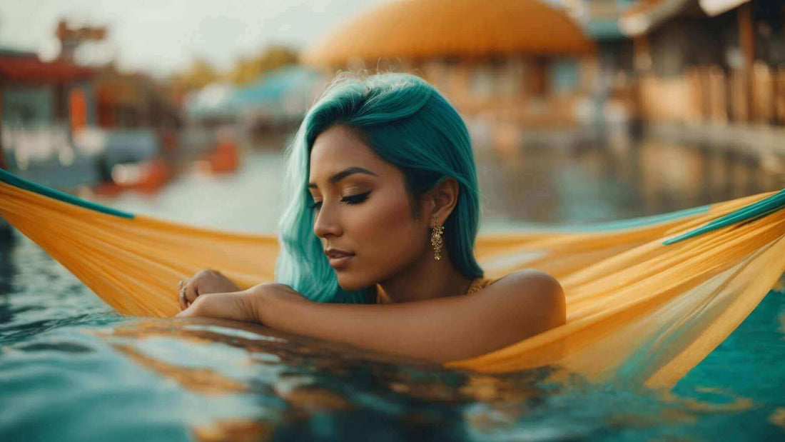 Hammock in vibrant orange and yellow fabric with woven stripes, holding a woman above the water; Elevate Your Relaxation: An In-Depth Look at the Cyber Relax Pro SL Track Massage Chair
