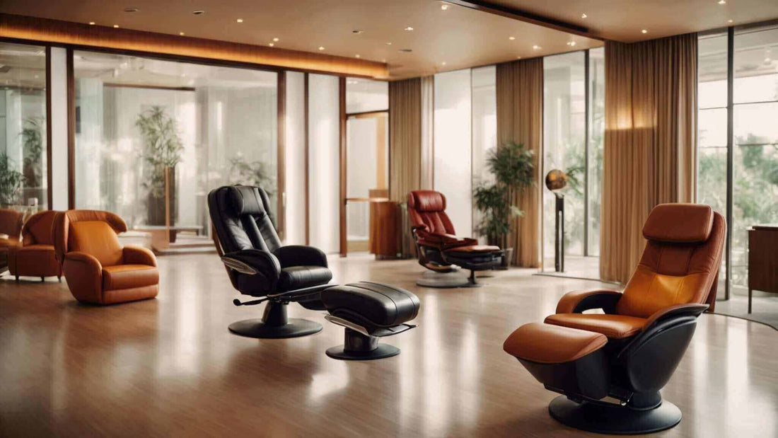 Massage chairs in black and brown leather feature reclining seats, padded armrests, and matching footrests; Enhance Your Business with the Kurodo E Commercial Massage Chair