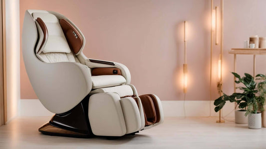 Experience Rejuvenation: Synca CirC Massage Chair In-depth Review and Demo — cream massage chair with brown leather accents and cushioned leg rollers