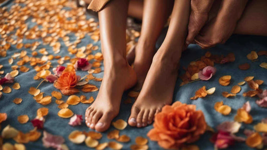 Foot massage with hands soothing bare feet among scattered petals, illustrating Experience the Benefits of Foot Massage for Relaxation
