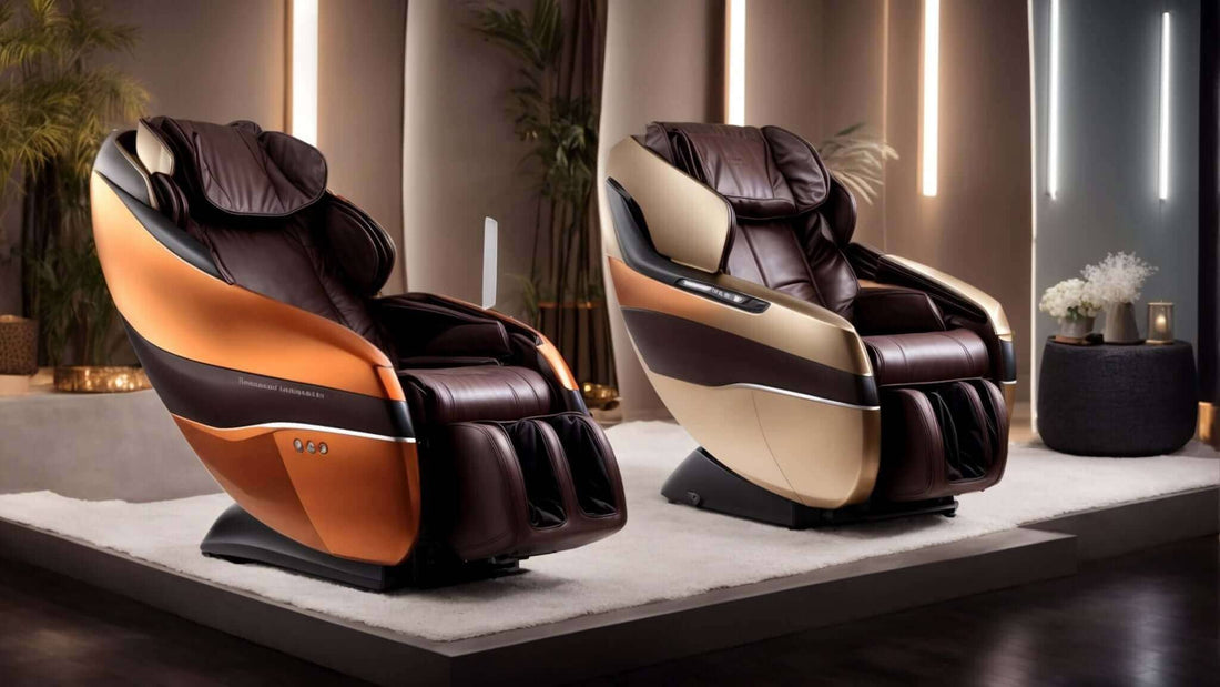 Massage chairs in orange and cream with dark brown leather upholstery, padded headrests and reclining footrests.