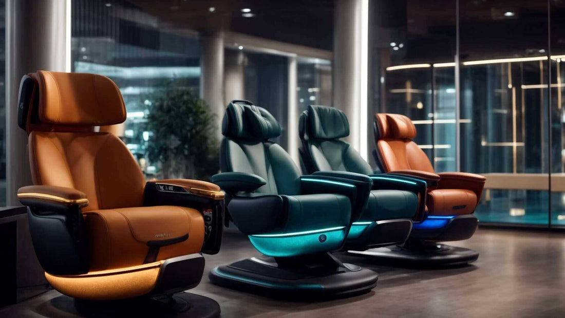 Massage chairs in brown and teal upholstery with padded headrests, armrests and contoured footrests.