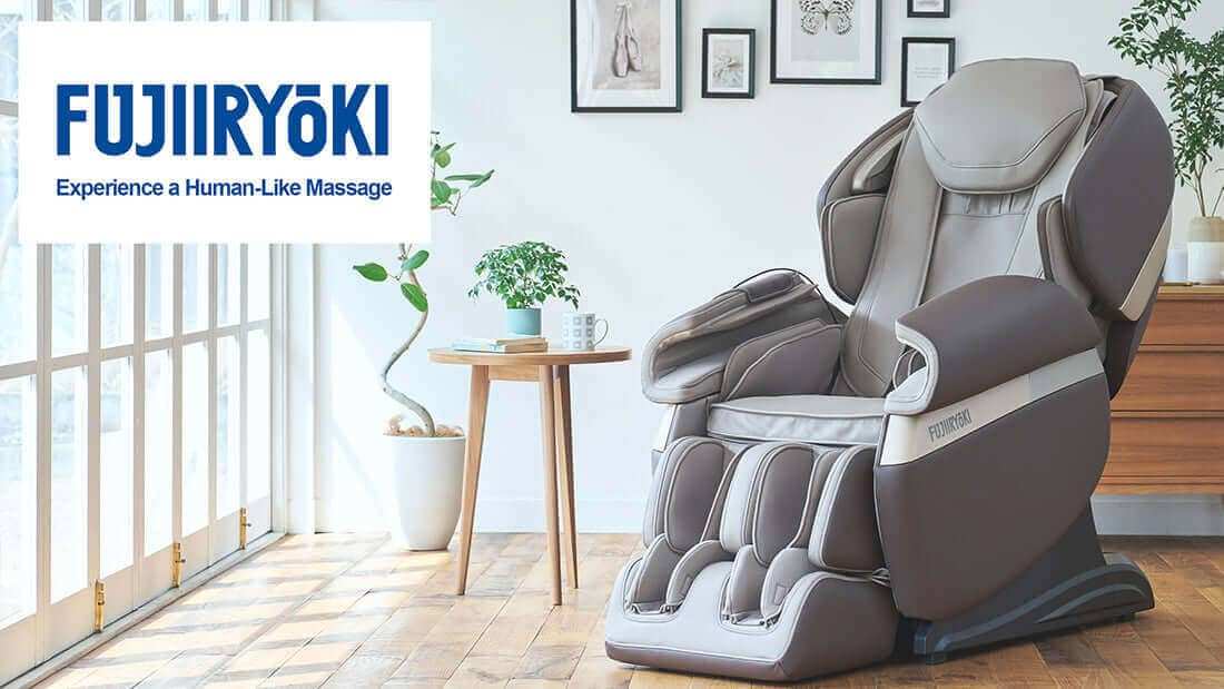 Massage chair Fujiiryoki Calm Plus: Advanced Ergonomic Massage Chair in gray and taupe upholstery with padded armrests and leg rests