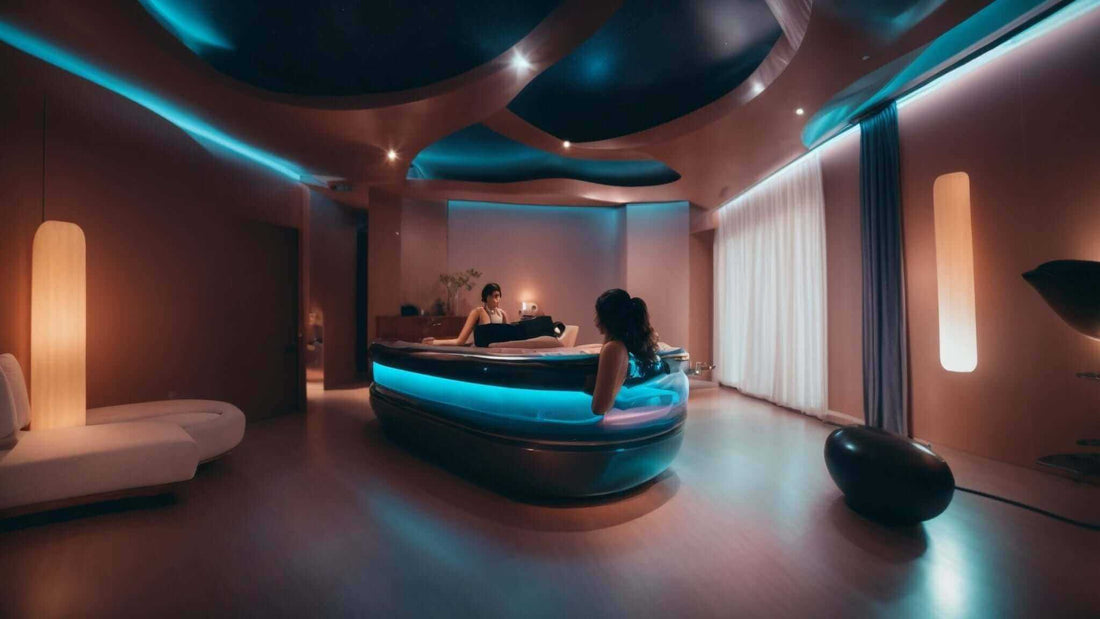 FUJIIRYOKI Calm Plus Flex Frame SL Track Massage Chair w/ Touchscreen Remote is a sleek black curved reclining massage pod with cyan accents.