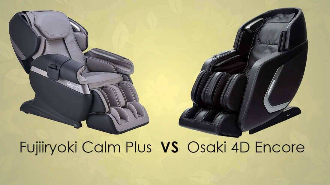 Fujiiryoki Calm Plus VS Osaki 4d Encore Massage Chair comparison showing a grey upholstered chair and black chair with padded leg rests