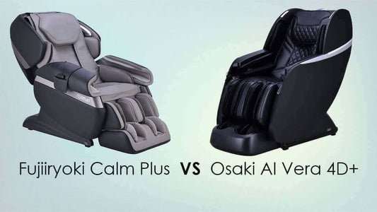 Fujiiryoki Calm Plus VS Osaki Ai Vera 4D+ Massage Chair shows two massage chairs, one gray and one black, with padded upholstery.
