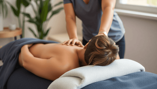 Back massage showing Fujiiryoki Massage Chairs therapy benefits, with hands pressing a person’s bare shoulders and upper back.