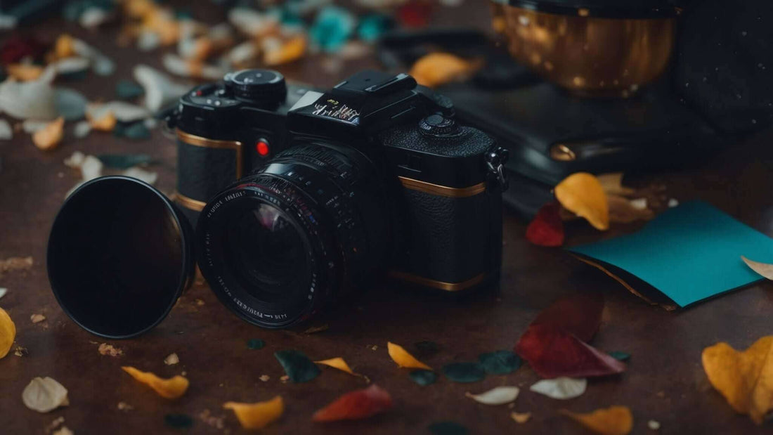 Vintage black camera with a large lens and circular lens cap, pictured with colorful autumn leaves; Honest Synca CirC 3 massage chair review | Fujiiryoki