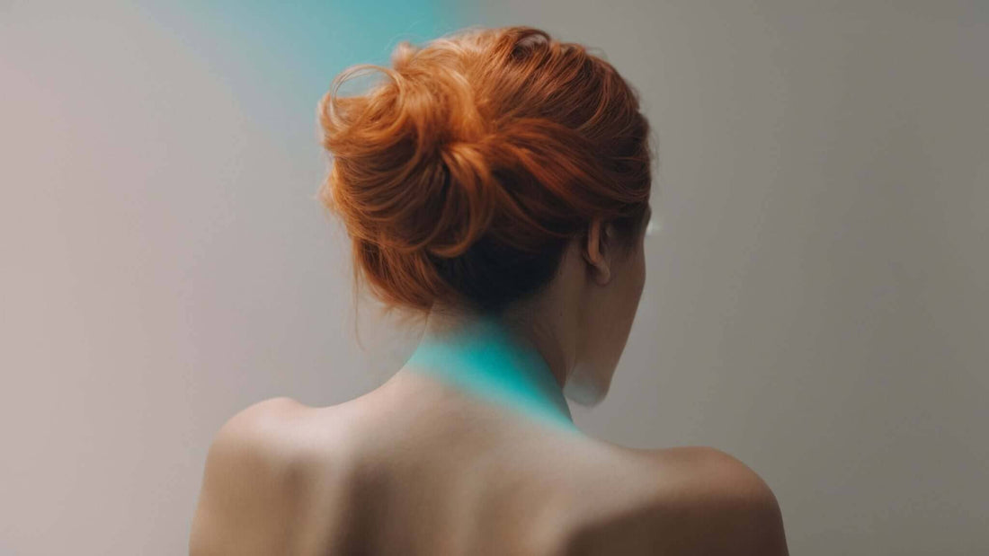 How a Massage Chair Can Alleviate Back and Neck Pain with a turquoise glow highlighting the neck and upper back