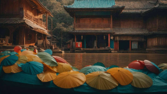 Massage Chair for Poor Circulation article image featuring colorful umbrellas on a floating platform before traditional wooden buildings.