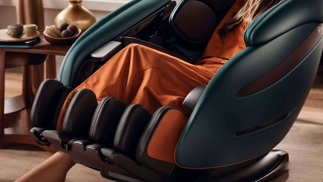 Massage chair in dark teal and black leather with orange upholstery and padded leg rollers; How do Synca massage chairs reduce stress: Fujiiryoki guide