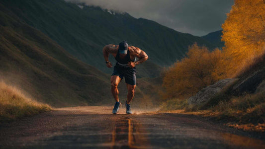Athletic man sprinting on a mountain road, wearing a dark sleeveless top and shorts; How Effective Are Massage Guns for Muscle Recovery?