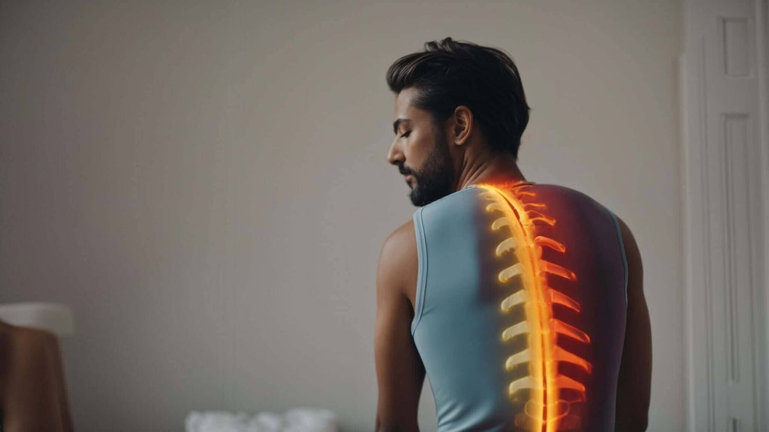 Man in a blue sleeveless top with a glowing orange spine graphic; How Fujiiryoki Massage Chairs Can Help Alleviate Back Pain