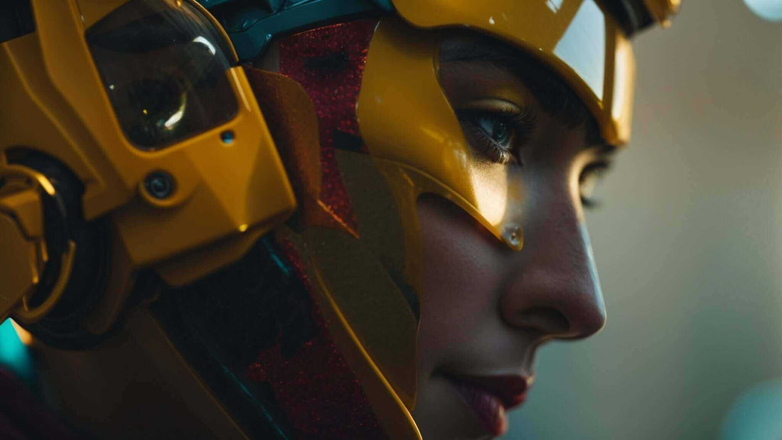 Futuristic helmet with glossy yellow panels and red textured padding frames a woman's face; How Massage Chairs Mimic Human Touch: A Deep Dive into Relaxation Technology