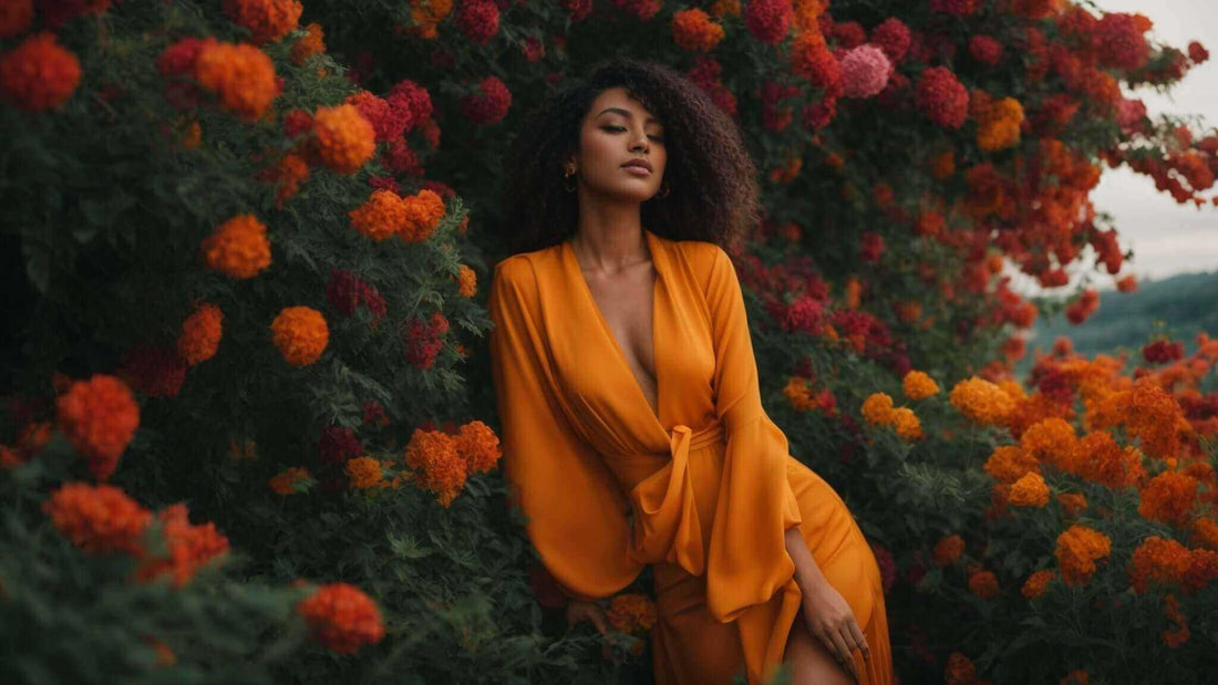 Woman in a flowing orange wrap dress among red and orange flowers, illustrating How Owning a Massage Chair Enhances Your Mood Daily