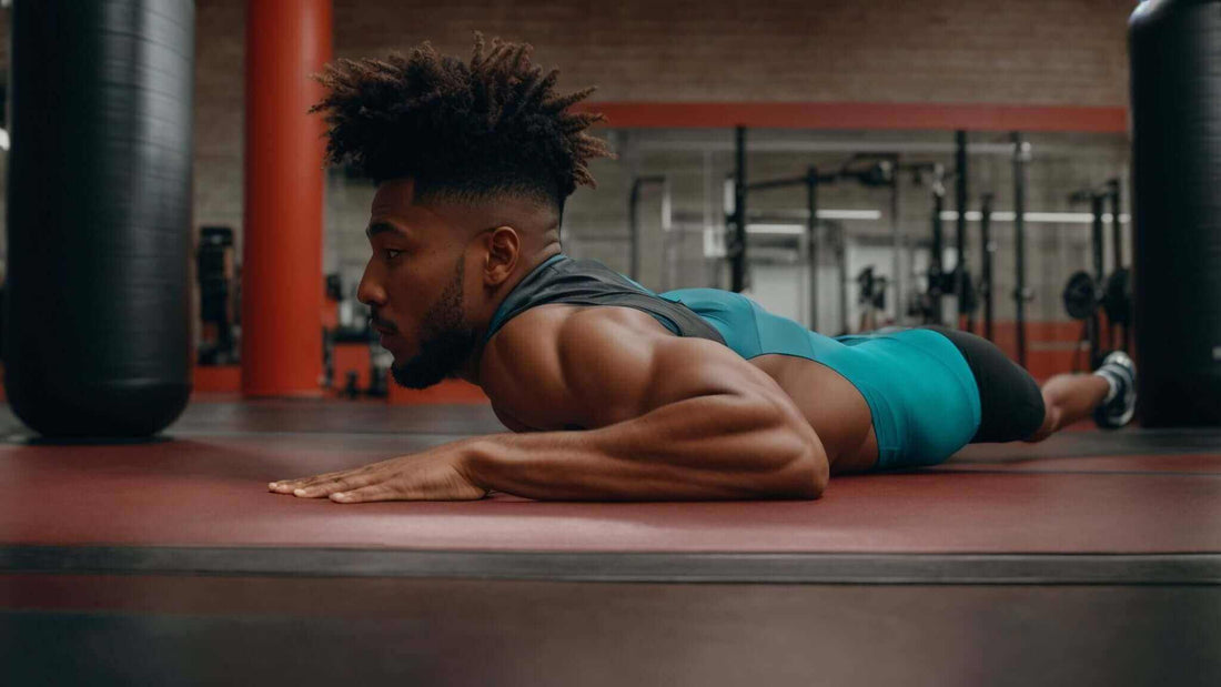 Man performing a prone floor stretch in a gym, wearing a turquoise sleeveless top and black shorts; How the Fujiiryoki Cyber Relax Pro Boosts Muscle Recovery Post-Exercise