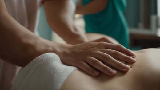 Massage therapy shows hands kneading a person's bare upper back, with no massage gun or interchangeable heads visible. How the Kitta Massage Gun's 6 Interchangeable Heads Improve Your Recovery