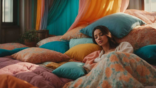 Woman relaxing among colorful patterned pillows and a floral quilt; How the REI Ottoman Massager Elevates Your Relaxation is not visible.