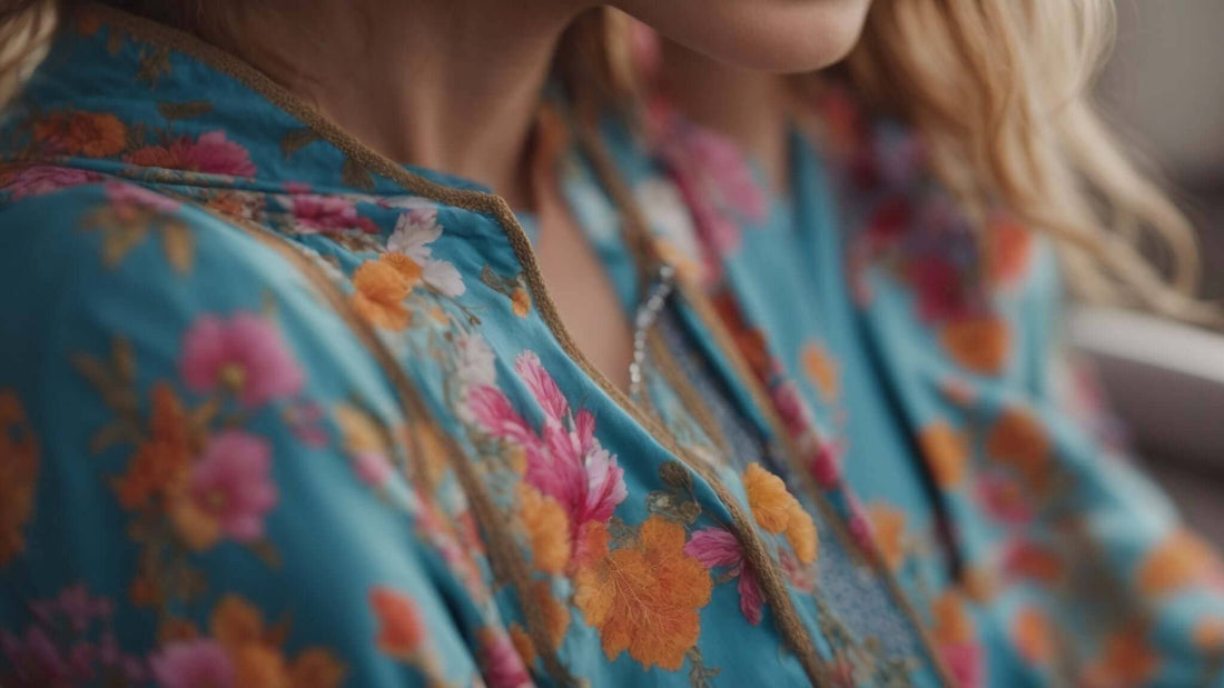 Floral blouse in blue fabric with pink, orange, and green flowers, shown in an article about Massage Chairs for Back & Neck Pain.