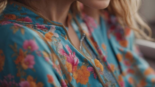 Floral blouse in blue fabric with pink, orange, and green flowers, shown in an article about Massage Chairs for Back & Neck Pain.