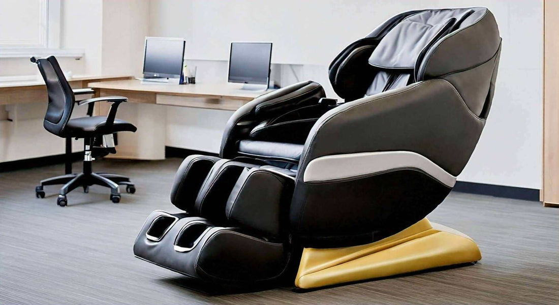 Massage chair in black leather with padded headrest, armrests and leg supports, shown beside office desks; How to Choose Massage Chairs for Office: Fujiiryoki Guide