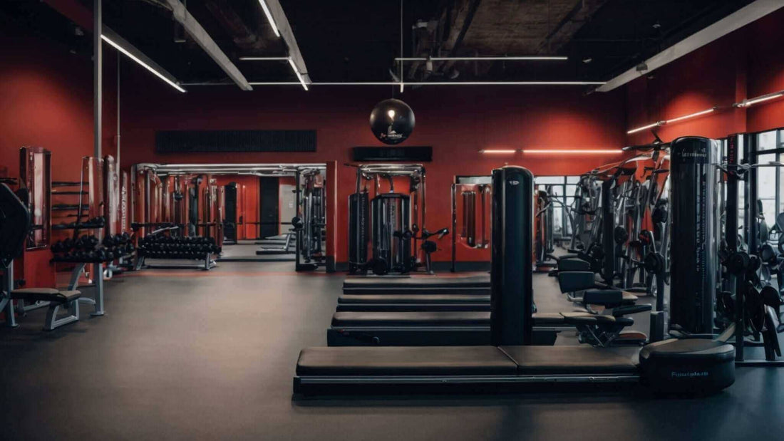 Commercial gym equipment in a red-walled fitness studio, including treadmills, weight machines and racks; How to Choose the Best Commercial Massage Chair for Your Business